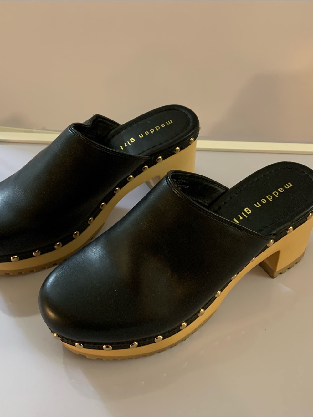 Madden Girl Black Leatherette Clog Mules with Tan Platform
